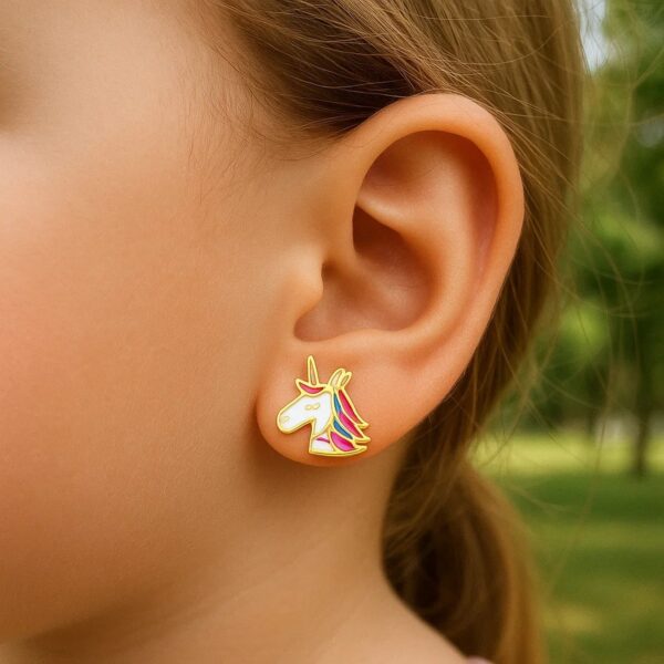 14k Yellow Gold Enameled Unicorn Childrens Earrings - alternate view 2