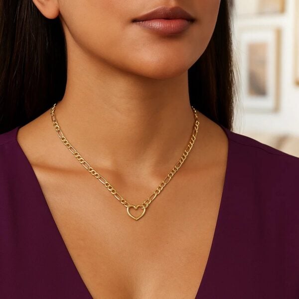 14k Yellow Gold Figaro Chain Necklace with Heart - alternate view 3