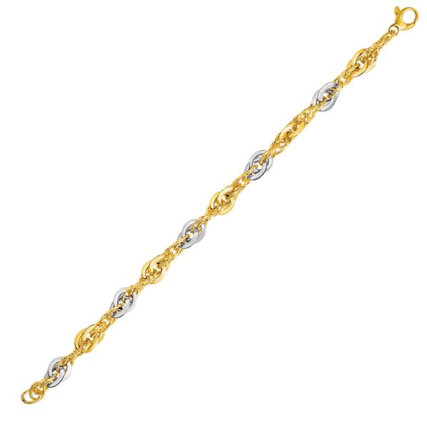 14k Two-Tone Yellow and White Gold Double Link Textured Bracelet (10.00 mm) - Two-Tone Gold