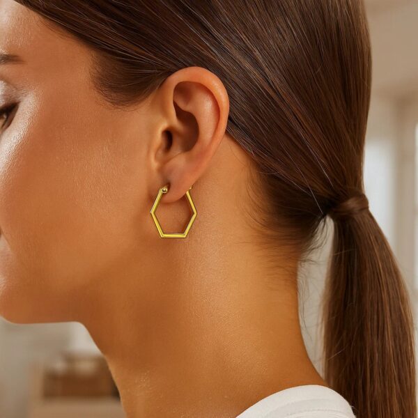 14K Yellow Gold Hexagon Shaped Hoop Earrings - alternate view 2