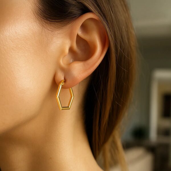 14K Yellow Gold Hexagon Shaped Hoop Earrings - alternate view 3