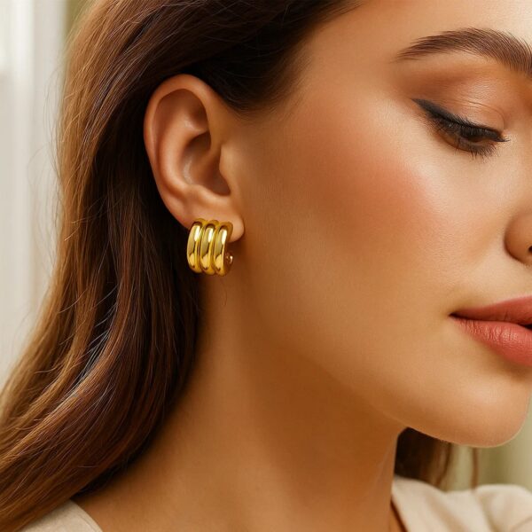 Sterling Silver Yellow Gold Plated Triple Row C Hoop Earrings - alternate view 3