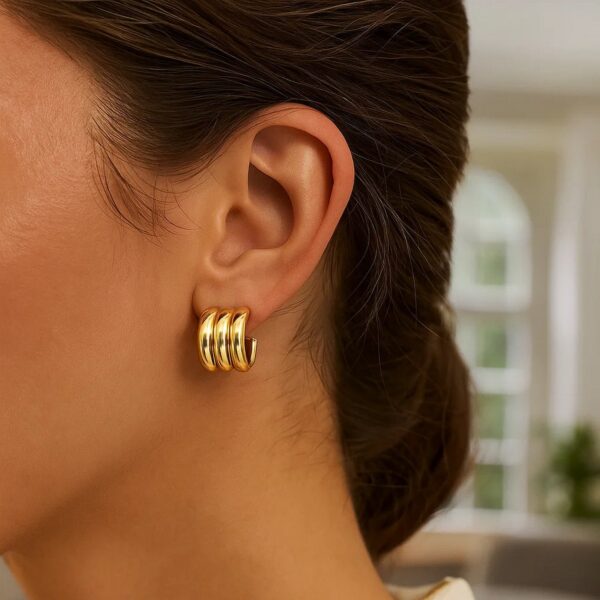Sterling Silver Yellow Gold Plated Triple Row C Hoop Earrings - alternate view 4