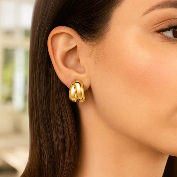 Sterling Silver Yellow Gold Plated Puffed Double Row Crossover C Hoop Earrings - alternate view 3
