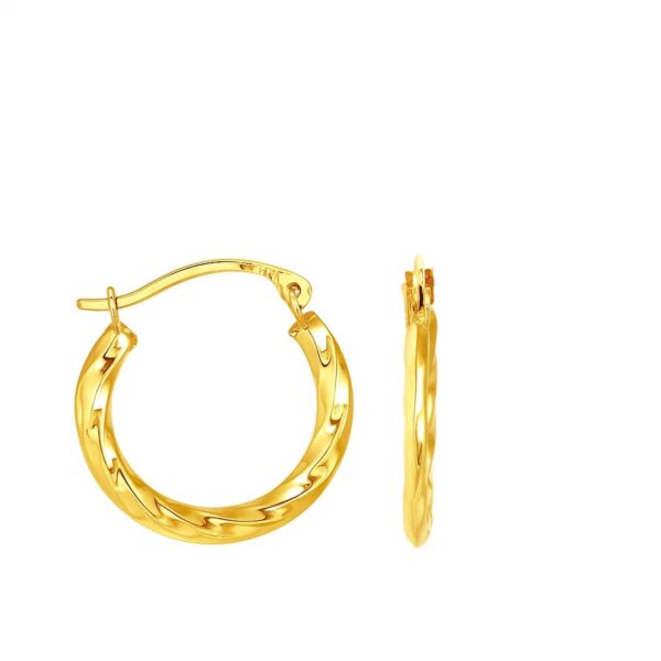 10k Yellow Gold Hoop Earrings in Textured Polished Style - alternate view 2