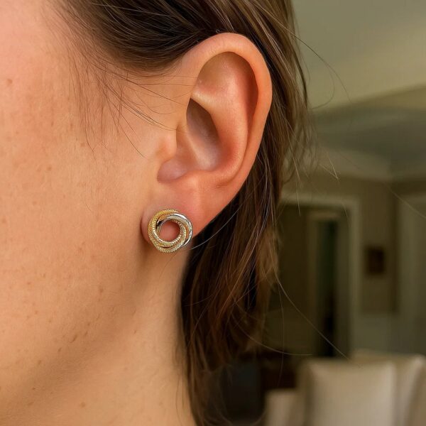 14k Two-Tone Gold Multi-Textured Open Circle Style Entwined Earrings - alternate view 4