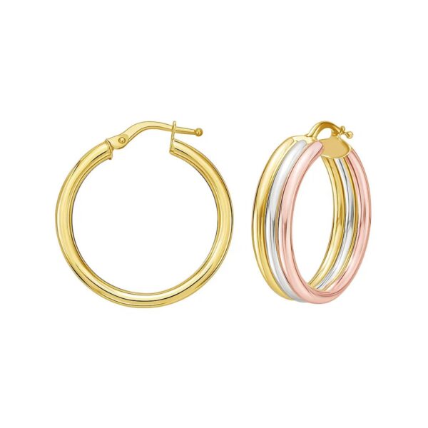 14K Tri Color Gold Polished Trinity Tube Hoop Earrings - Yellow Gold