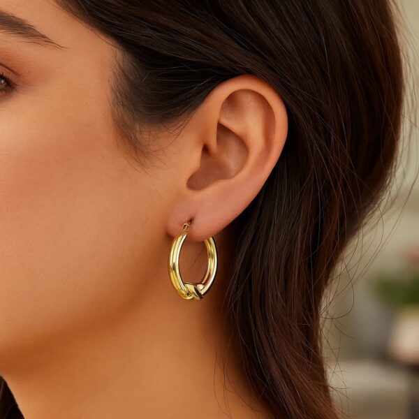 10k Yellow Gold X Motif Round Shape Hoop Earrings - alternate view 3