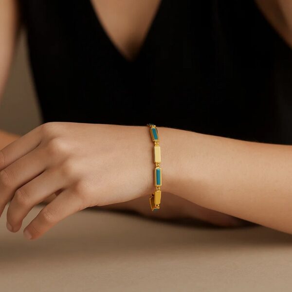 14K Yellow Gold Turquoise Rectangle Links Bracelet (3.50 mm) - alternate view 2