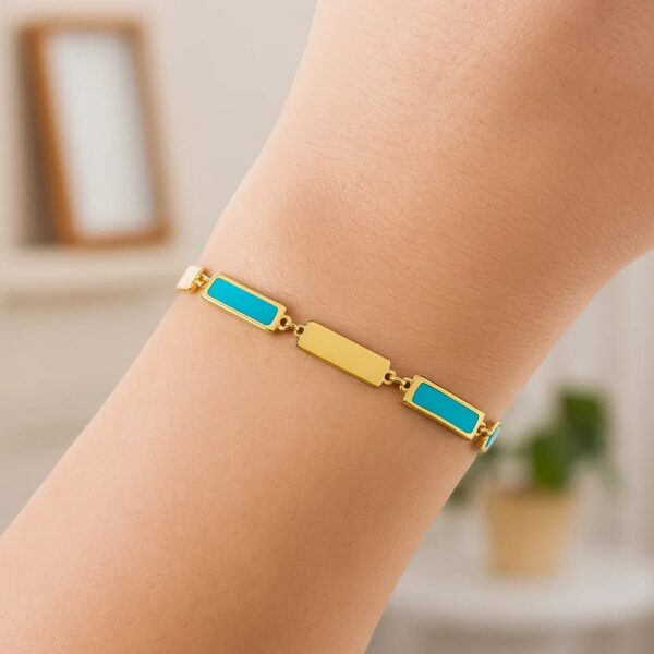 14K Yellow Gold Turquoise Rectangle Links Bracelet (3.50 mm) - alternate view 3