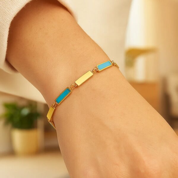14K Yellow Gold Turquoise Rectangle Links Bracelet (3.50 mm) - alternate view 4