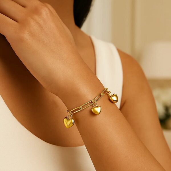 14K Yellow Gold Puffed Heart Charm Bracelet - alternate view 2