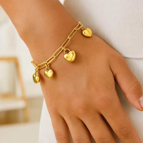 14K Yellow Gold Puffed Heart Charm Bracelet - alternate view 3
