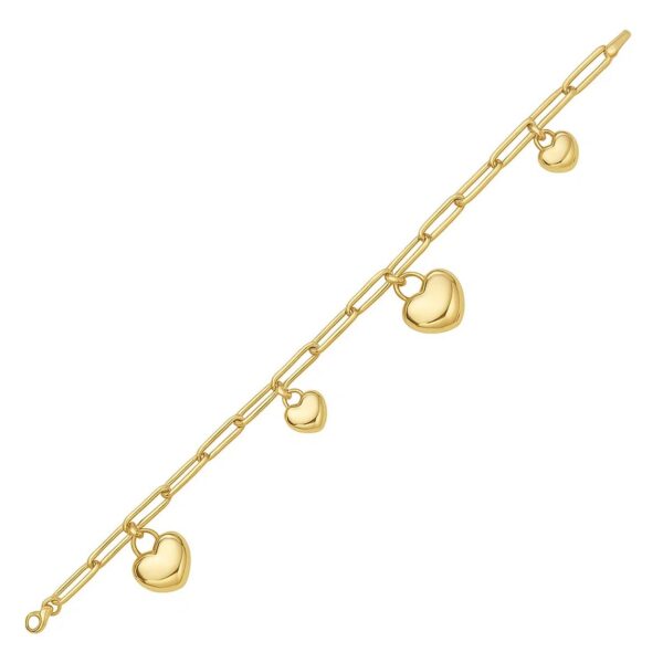 14K Yellow Gold Puffed Heart Charm Bracelet - alternate view 4