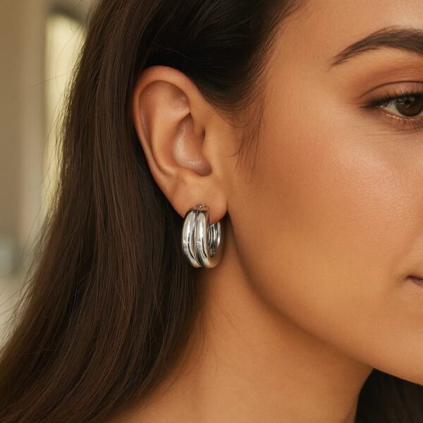 Sterling Silver Puffed Double Row Hoop Earrings - alternate view 3