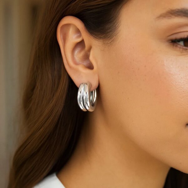 Sterling Silver Puffed Double Row Hoop Earrings - alternate view 4