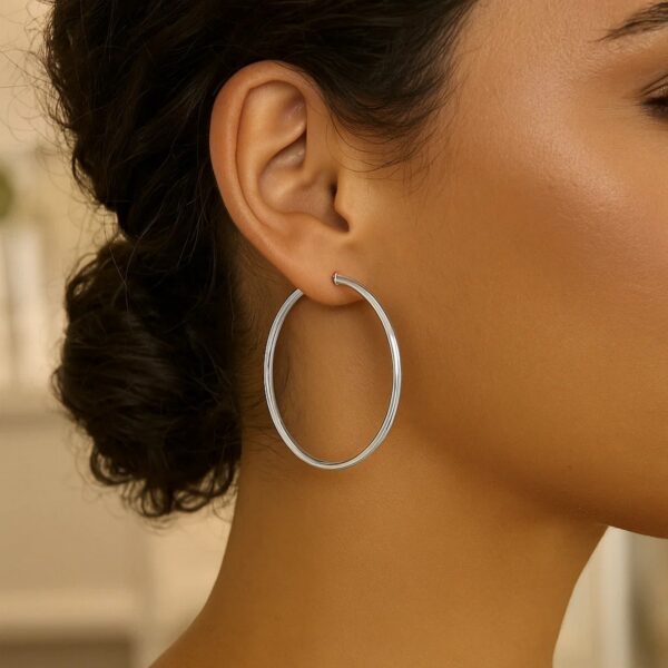 Rhodium Plated Hoop Earrings in Sterling Silver (3x50mm) - alternate view 4