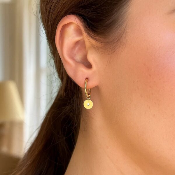 14K Yellow Gold Diamond Disc Charm Hoop Earrings - alternate view 2