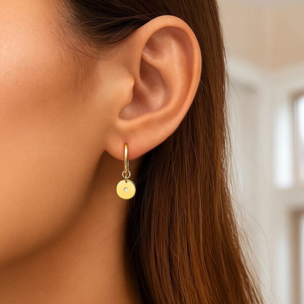 14K Yellow Gold Diamond Disc Charm Hoop Earrings - alternate view 3