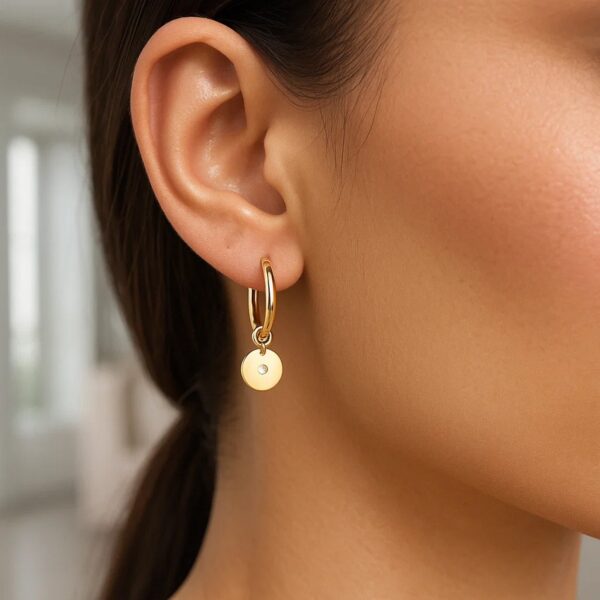 14K Yellow Gold Diamond Disc Charm Hoop Earrings - alternate view 4