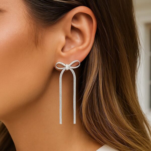Sterling Silver Snake Chain Drop Dangle Bow Earrings - alternate view 3