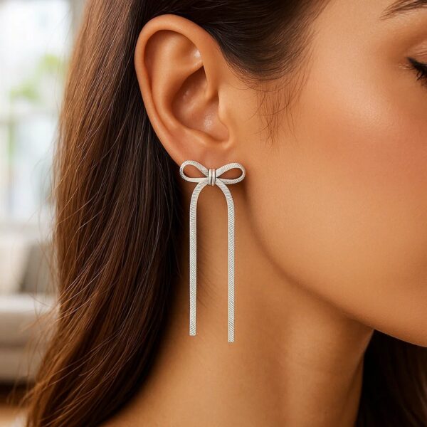 Sterling Silver Snake Chain Drop Dangle Bow Earrings - alternate view 4