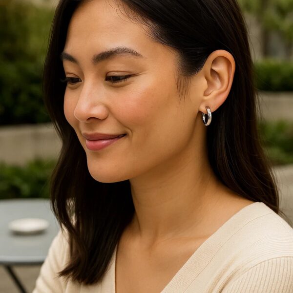 Sterling Silver Polished Hoop Style Earrings with Rhodium Plating (3x15mm) - alternate view 3