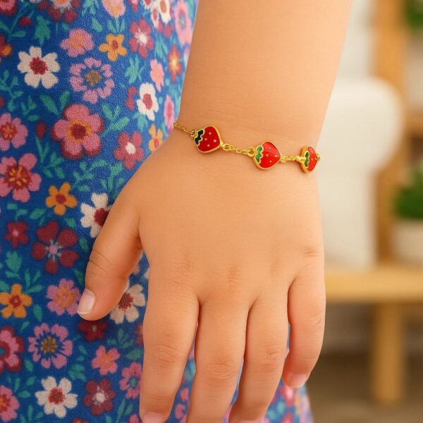 14k Yellow Gold Childrens Bracelet with Enameled Strawberries(1.00 mm) - alternate view 2