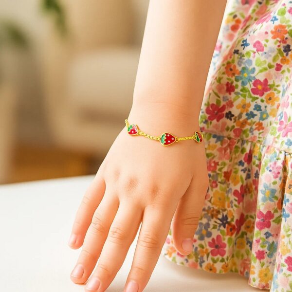 14k Yellow Gold Childrens Bracelet with Enameled Strawberries(1.00 mm) - alternate view 3
