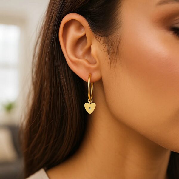 14K Yellow Gold Diamond Heart Charm Hoop Earrings - alternate view 3
