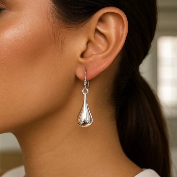 Sterling Silver Long Teardrop Shape Puff Drop Earrings - alternate view 2