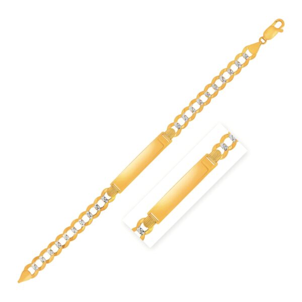 14k Two Tone Gold Mens Narrow Curb Chain ID Bracelet with White Pave (6.70 mm) - Two-Tone Gold