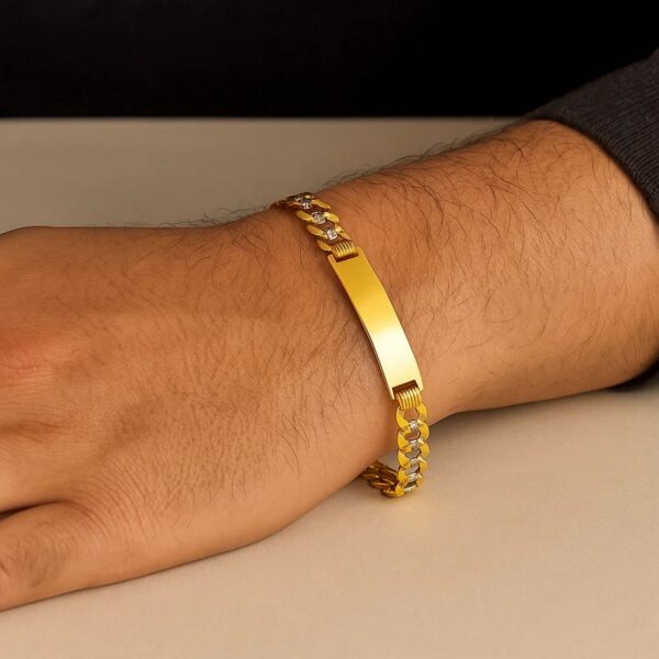 14k Two Tone Gold Mens Narrow Curb Chain ID Bracelet with White Pave (6.70 mm) - Two-Tone Gold - alternate view 4