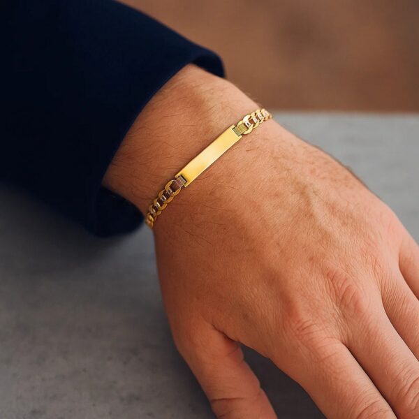 14k Two Tone Gold Mens Narrow Curb Chain ID Bracelet with White Pave (6.70 mm) - Two-Tone Gold - alternate view 5