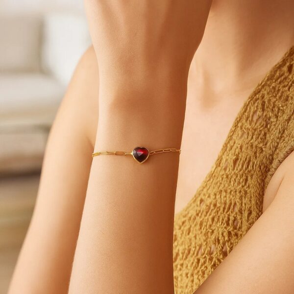 14K Yellow Gold Garnet Heart Bracelet - alternate view 3