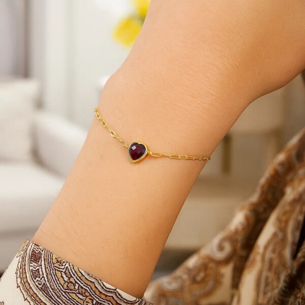 14K Yellow Gold Garnet Heart Bracelet - alternate view 4