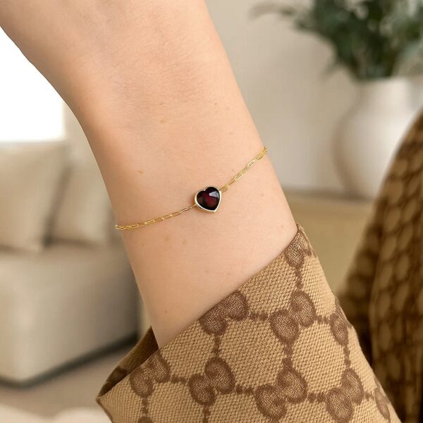 14K Yellow Gold Garnet Heart Bracelet - alternate view 5