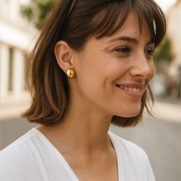 Sterling Silver Yellow Gold Plated Puffed Button Omega Earrings - alternate view 4