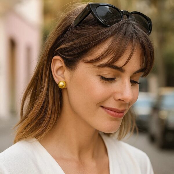 Sterling Silver Yellow Gold Plated Puffed Button Omega Earrings - alternate view 5