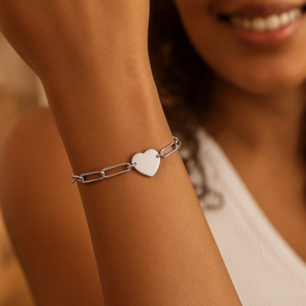 Sterling Silver Rhodium Plated Engravable Heart Paperclip Bracelet (2.10 mm) - alternate view 5
