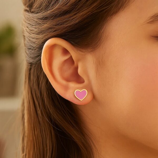 14k Yellow Gold and Enamel Pink Heart Stud Earrings - alternate view 2