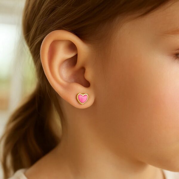 14k Yellow Gold and Enamel Pink Heart Stud Earrings - alternate view 3