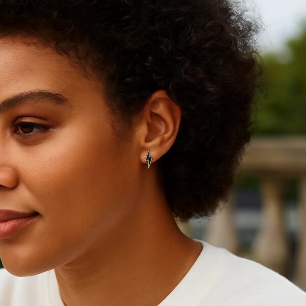 14k Yellow Gold and Enamel Black Lightning Bolt Stud Earrings - alternate view 3