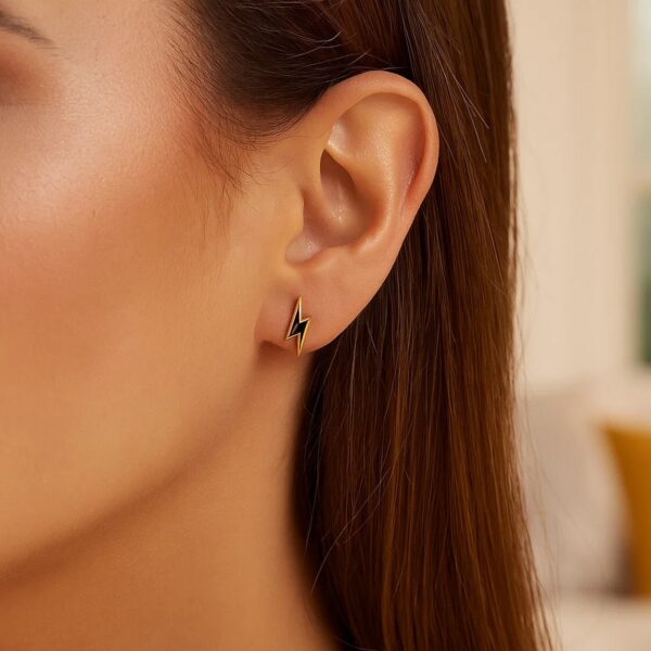 14k Yellow Gold and Enamel Black Lightning Bolt Stud Earrings - alternate view 4