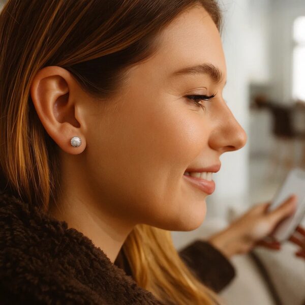 14K White Gold Ball Earrings with Linear Texture(5mm) - alternate view 2