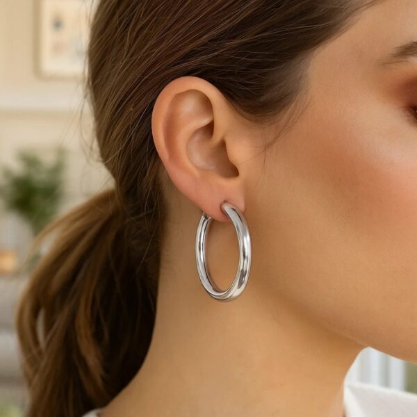 Sterling Silver Thick Rhodium Plated Polished Hoop Style Earrings (4x35mm) - alternate view 2