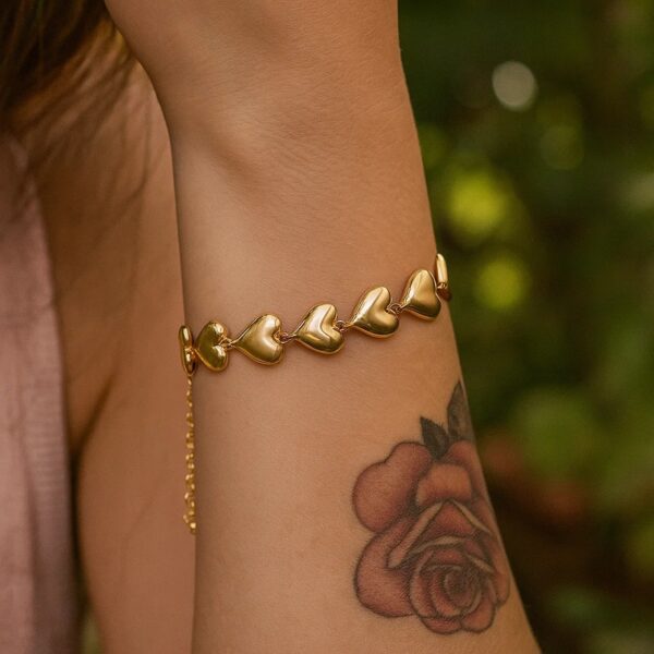 Sterling Silver Yellow Gold Plated Puffed Hearts Bracelet - alternate view 5