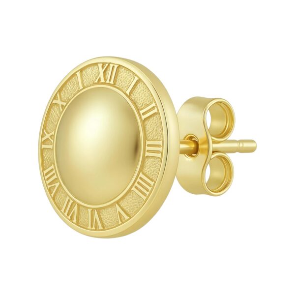 14K Yellow Gold Roman Numeral Button Stud Earrings - alternate view 2