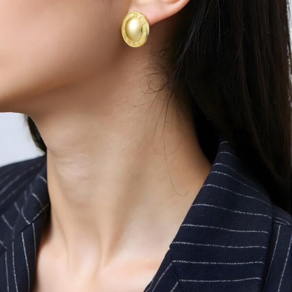 14K Yellow Gold Roman Numeral Button Stud Earrings - alternate view 3