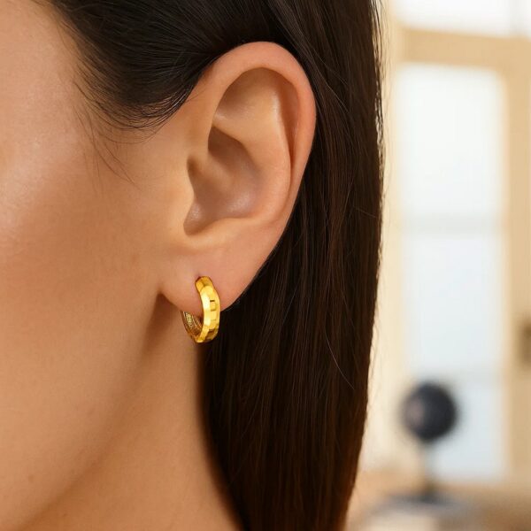 14K Yellow Gold Checkerboard Huggie Hoop Earrings - alternate view 3